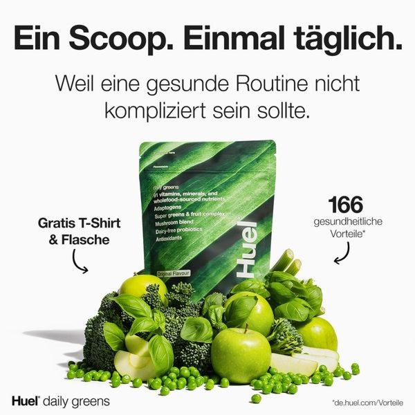 A clean, studio-lit ad creative for a Daily Greens supplement that uses a simple layout to highlight health benefits and free offer incentives.